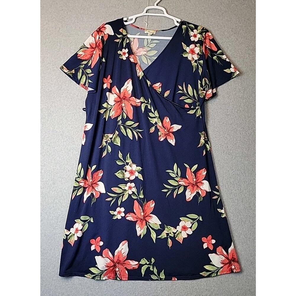Misia Blue Floral SS V Neck Faux Wrap Midi Dress Women's Plus 3X Stretch
